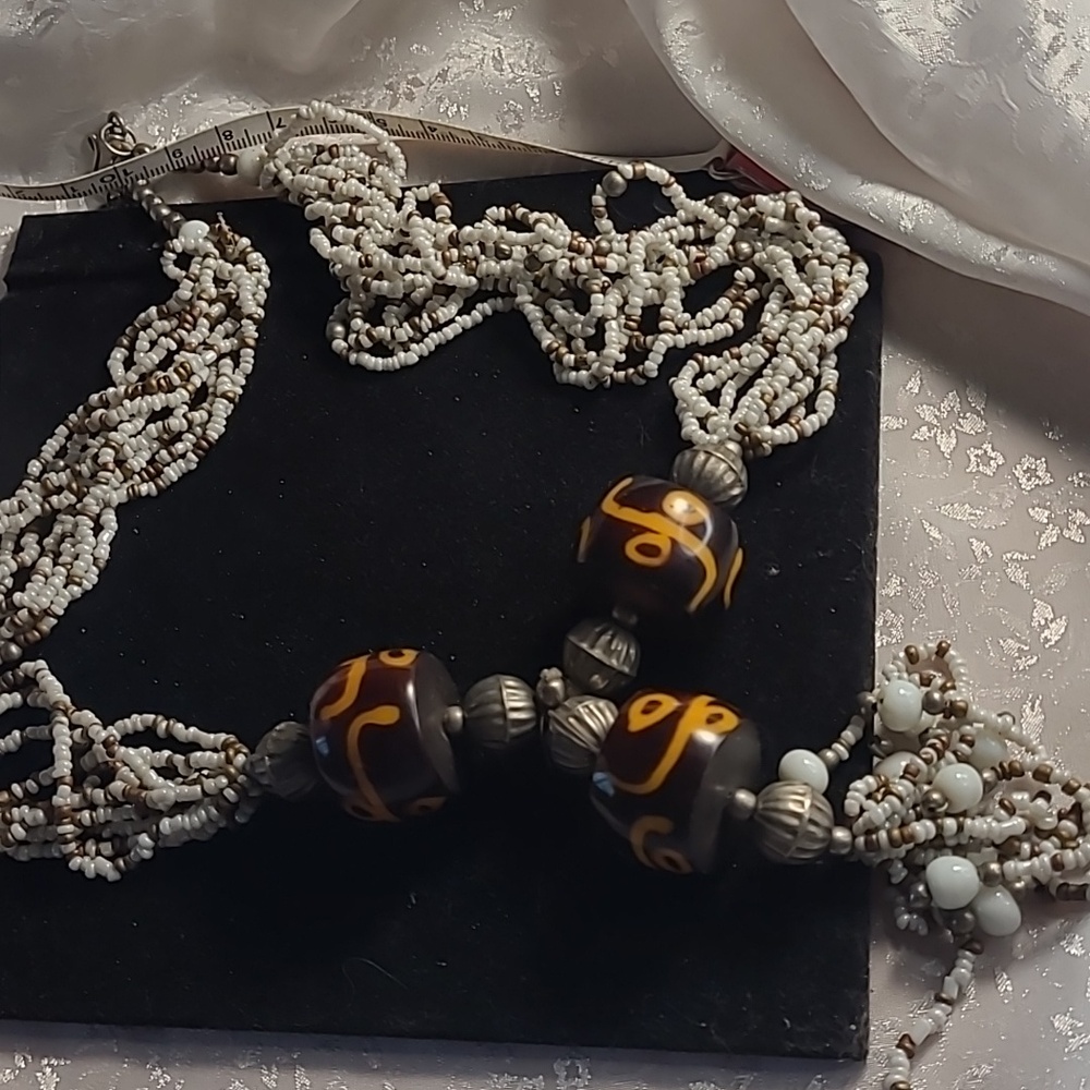 Handcrafted White Seed Bead Necklace with Brown and Yellow Tibetian Accent Beads